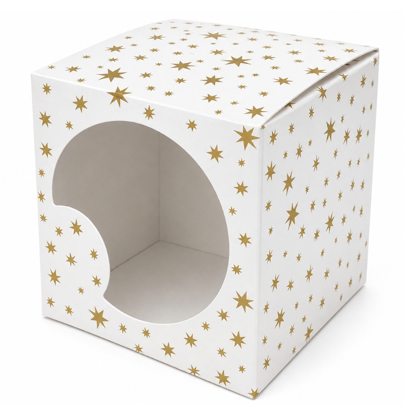 Bílá vánoční krabička se zlatými hvězdičkami a okénkem 8 x 8 x 8 cm