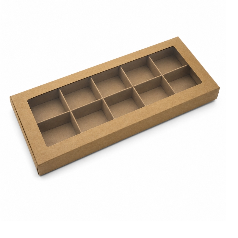 Přírodní kraft jednodílná dárková krabička s průhledným okénkem 28 x 12 x 2 cm – mřížka na 10 perníčků
