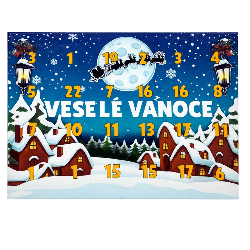 Adventní kalendář Chaloupka s plastovým blistrem 28 x 22 x 2 cm Veselé Vianoce