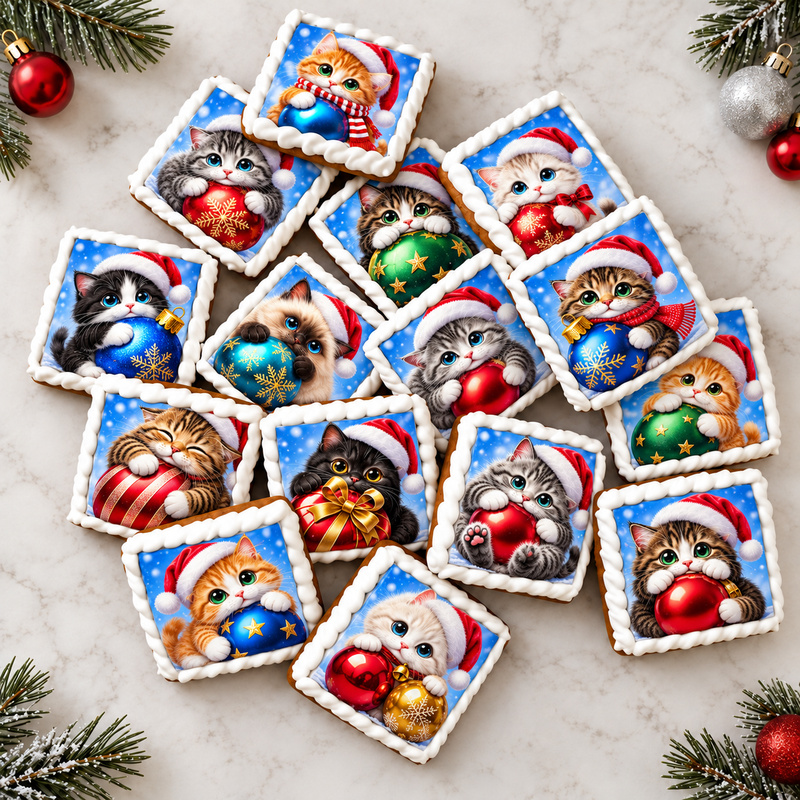 Detail perníčků 4 x 4 cm s jedlým potiskem vánočních koťátek a barevných ozdob z adventního kalendáře Vánoční koťátka