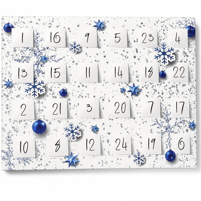 Adventní kalendář Stříbrno-modrý 28 x 22 x 2 cm – plastový blistr 6 x 4