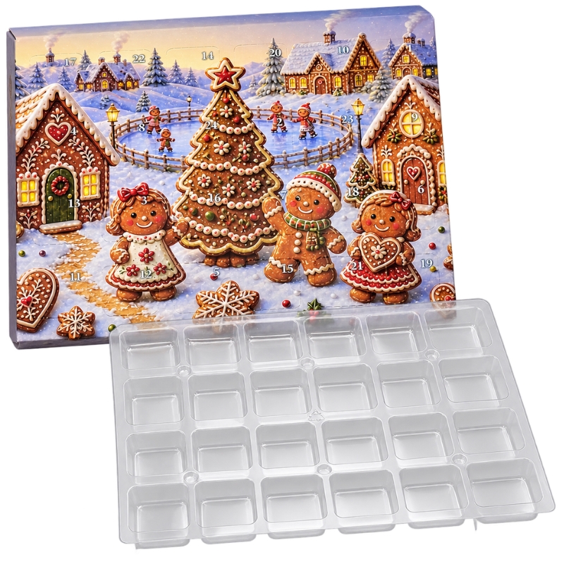 Adventní kalendář Perníková vesnička 28 × 22 × 2 cm – 24 políček 3,5 × 3,5 cm s blistrem