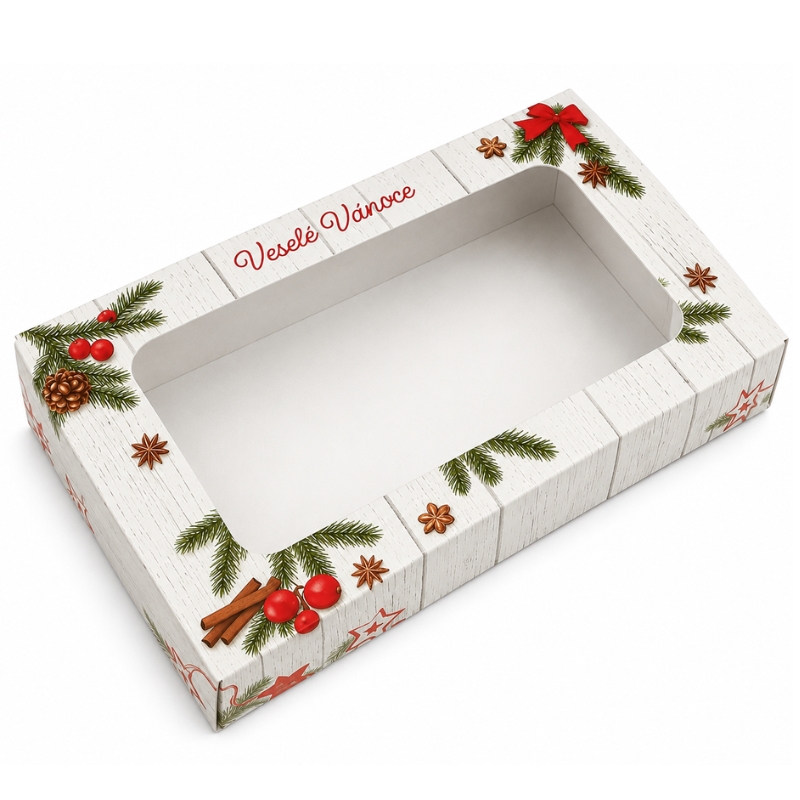 Vánoční krabička Tradiční 25 x 15 x 3,5 cm na 0,5 kg cukroví – s nepromastitelným dnem