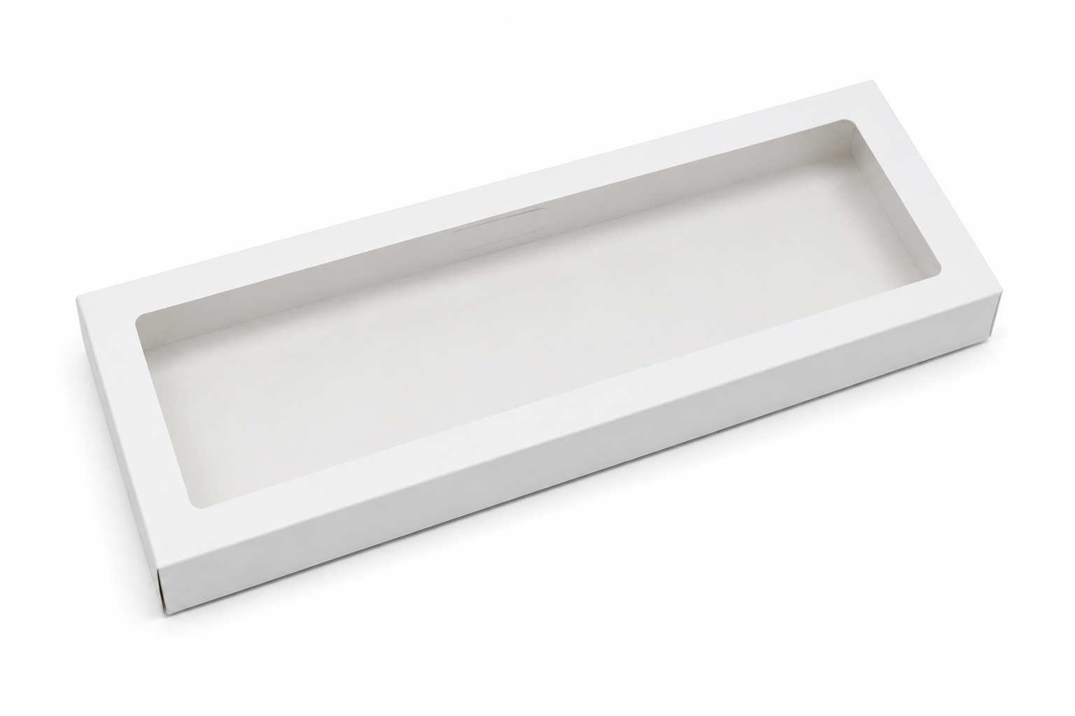Bílá jednodílná dárková krabička s průhledným okénkem 28 x 12 x 2 cm – bez mřížky