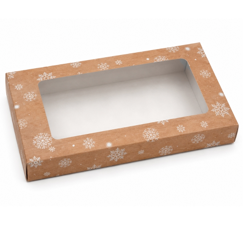 Vánoční krabička Kraft vločky 25 x 15 x 5 cm na 0,75 kg cukroví – jednodílná nepromastitelná