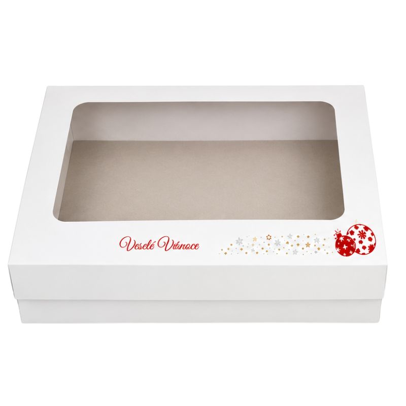 Vánoční krabička s červenou ražbou 38 x 28 x 8 cm na 2 kg cukroví – český text, běžné dno