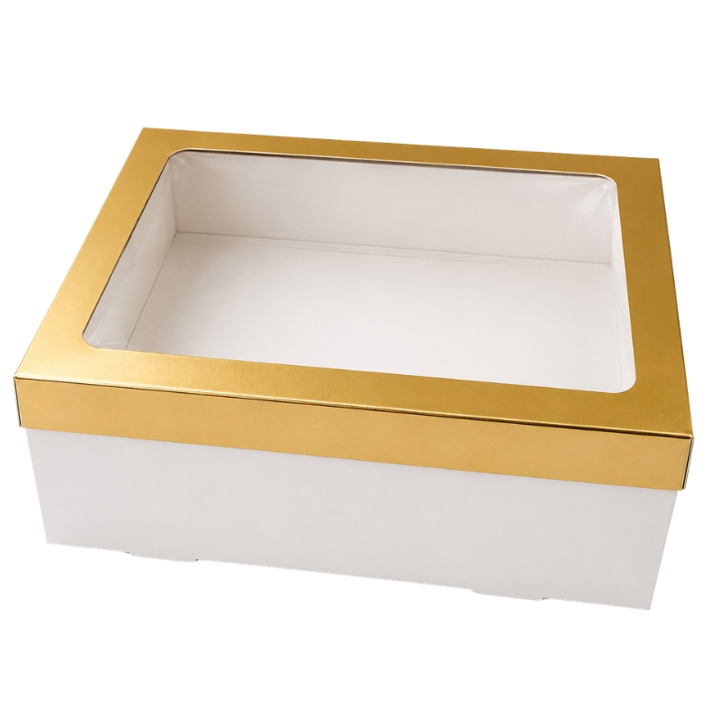 Zlatá krabička s průhledným okénkem 30 x 25 x 9,5 cm na 2,5 kg cukroví – nepromastitelné dno