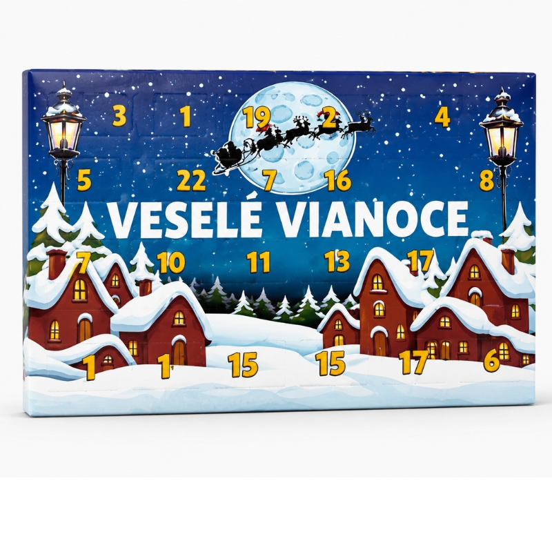 Adventní kalendář Chaloupka s plastovým blistrem 28 x 22 x 2 cm Veselé Vianoce