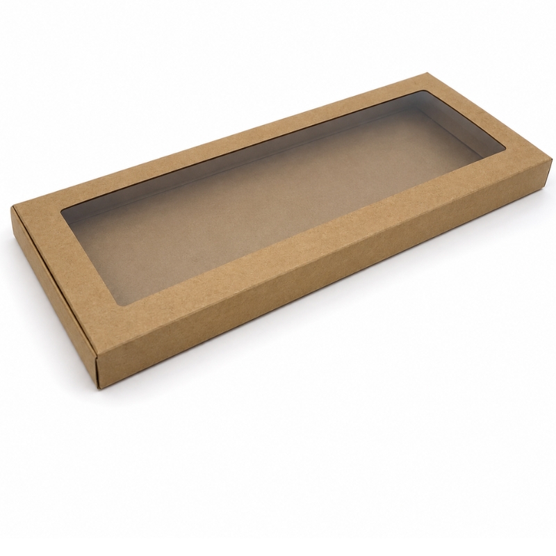 Přírodní kraft jednodílná dárková krabička s průhledným okénkem 28 x 12 x 2 cm – bez mřížky