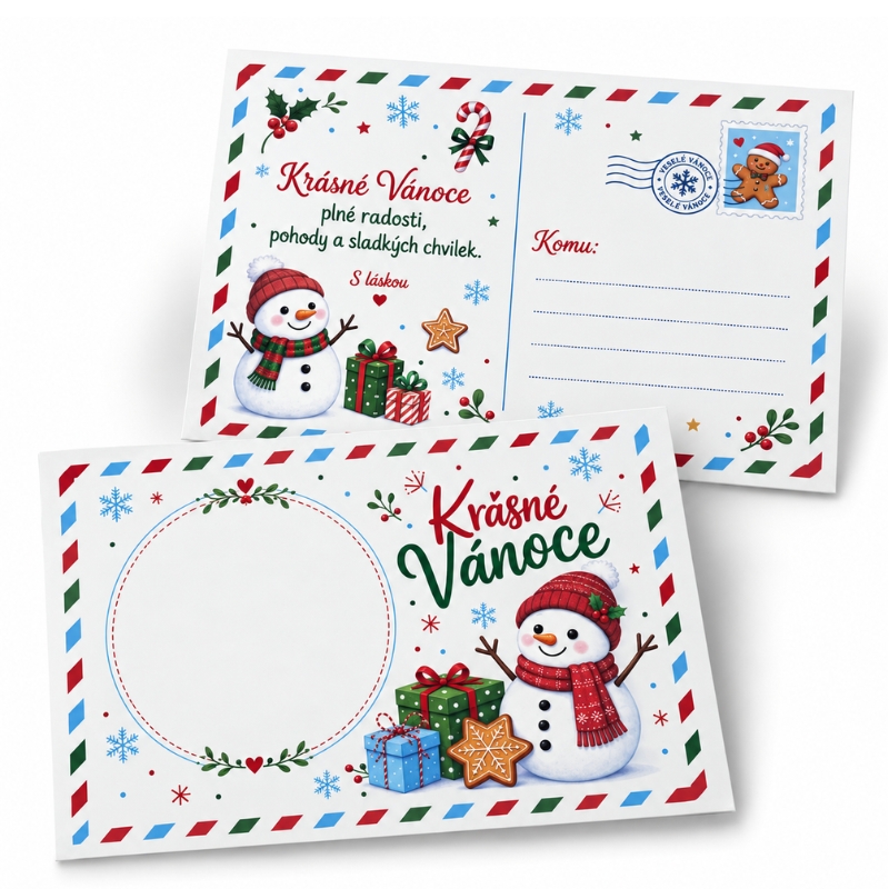 Oboustranná nepromastitelná kartička – pohlednice Krásné Vánoce se sněhulákem 14,8 × 10,5 cm – 10 ks