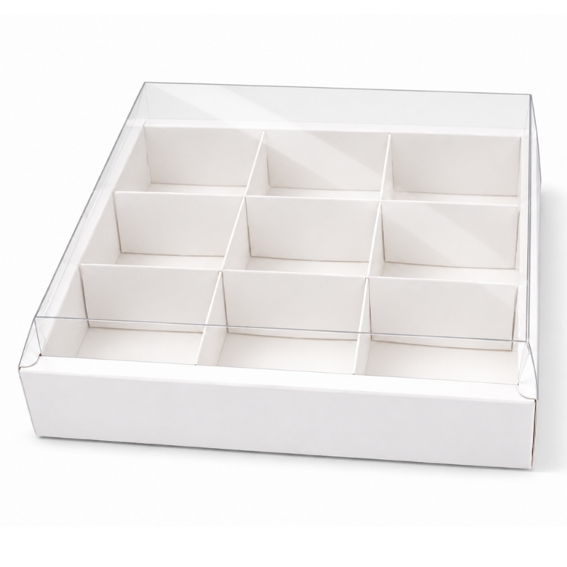 Cukrářská krabice s průhledným víkem a 9 přihrádkami 25 x 25 x 10 cm