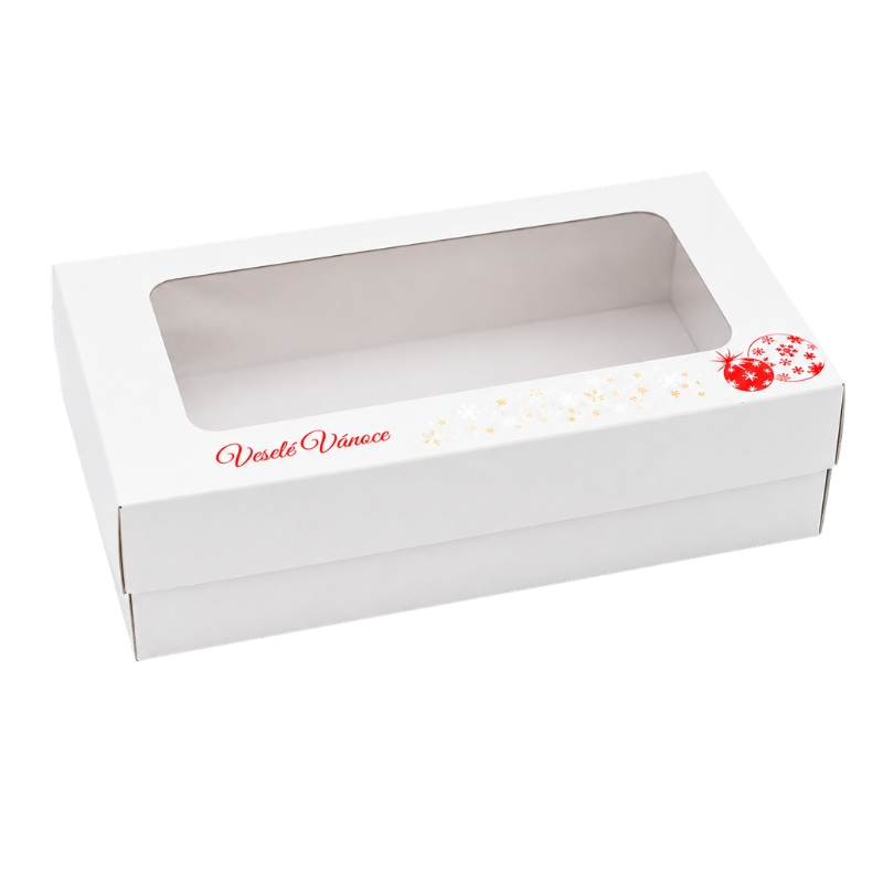 Krabička s červenou vánoční ražbou 25 x 15 x 7 cm na 1 kg cukroví – český nápis, nepromastitelné dno