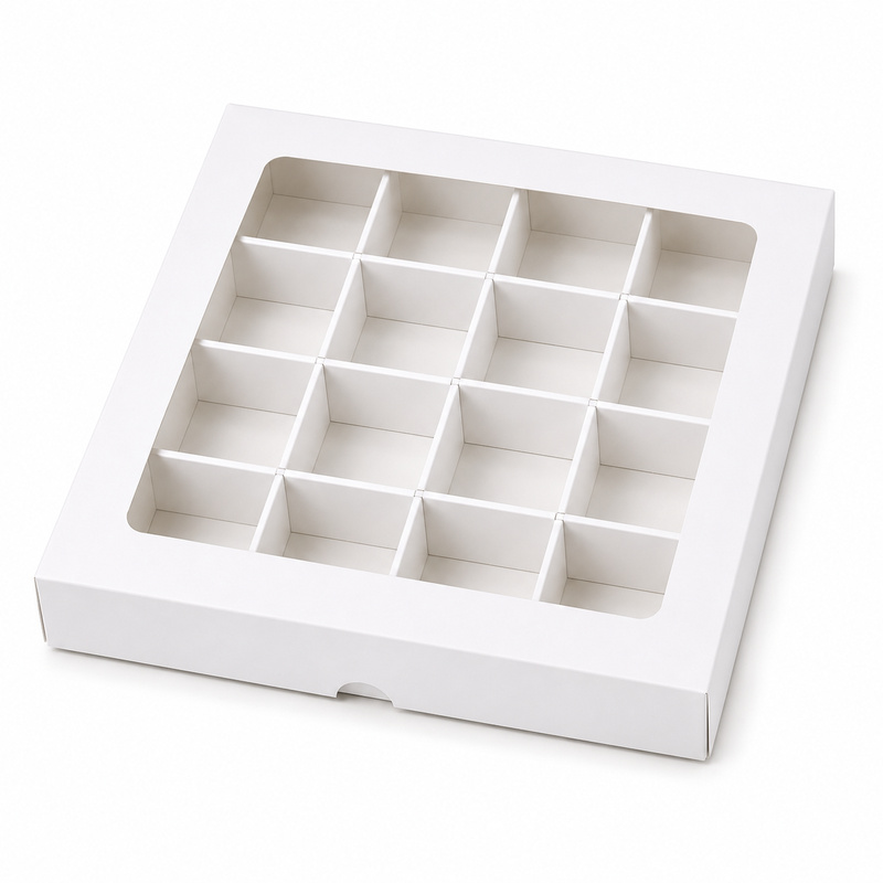 Bílá dárková krabička s průhledným víkem 15 x 15 x 2 cm – mřížka na 16 pralinek