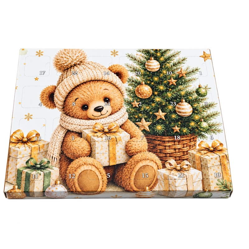 Adventní kalendář Vánoční medvídek 28 × 22 × 2 cm – 24 políček 3,5 × 3,5 cm s blistrem