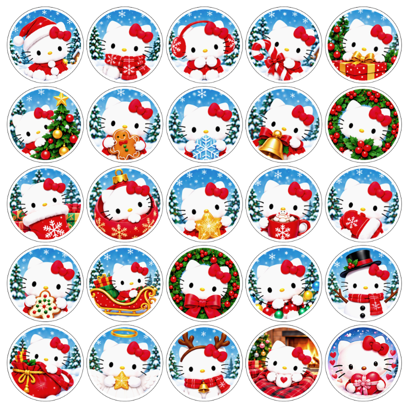 Jedlý tisk Hello Kitty – Vánoční radovánky – 25 koleček 4 cm – dekorační list s výřezem