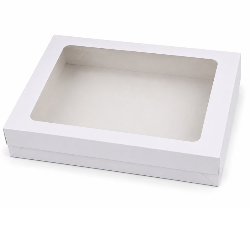 Bílá krabička s průhledným okénkem 38 x 28 x 8 cm na 2 kg cukroví – s nepromastitelným dnem