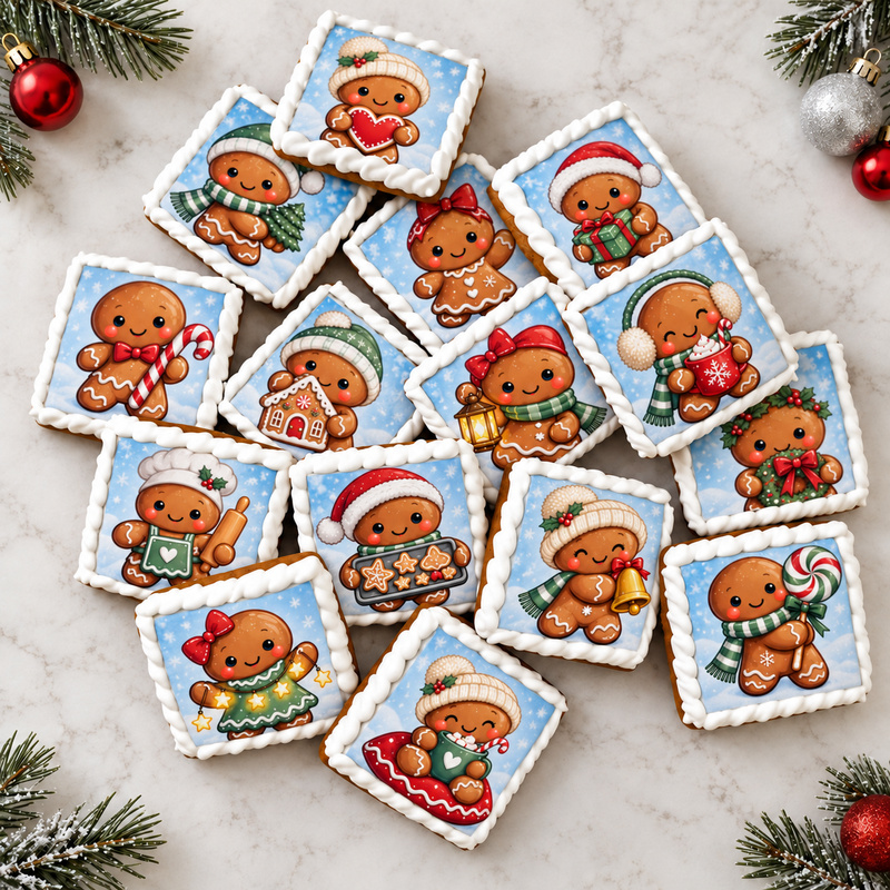 Detail zdobených perníčků 4 x 4 cm s barevnými vánočními postavičkami z perníčkového adventního kalendáře Perníčkové Vánoce
