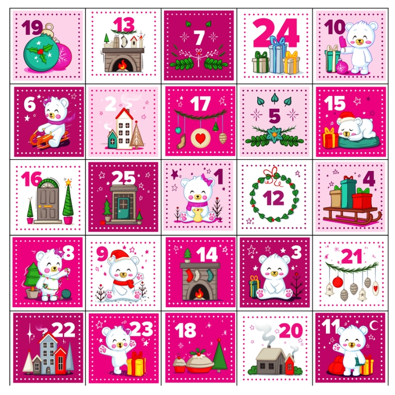 Jedlý tisk Růžový medvídek – adventní kalendář – 25 obrázků 4 × 4 cm