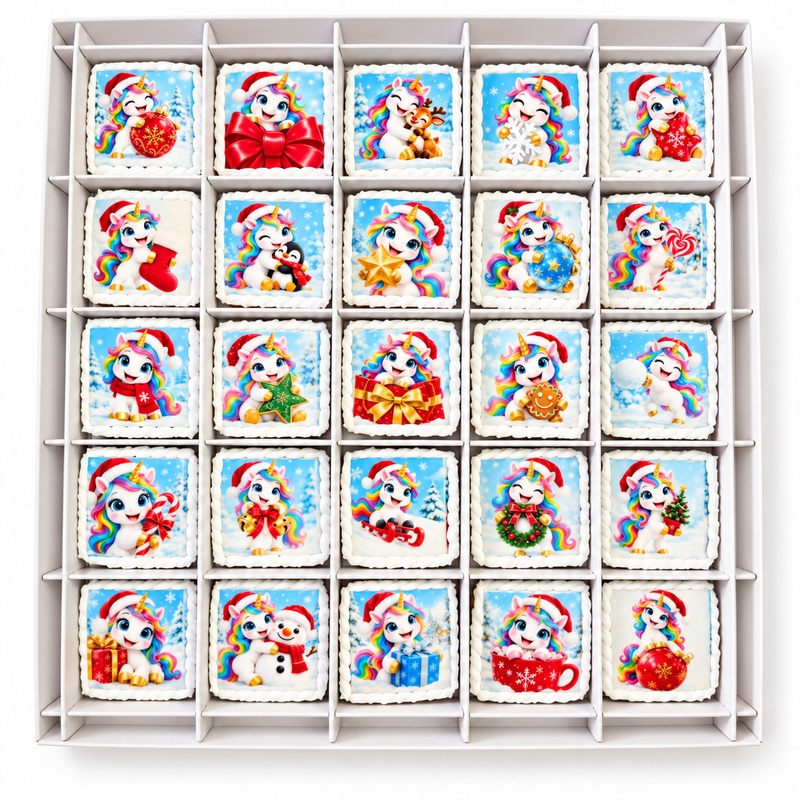 Perníčkový adventní kalendář Vánoční jednorožci s 25 perníčky 4 x 4 cm s barevným vánočním potiskem, uloženými v mřížce