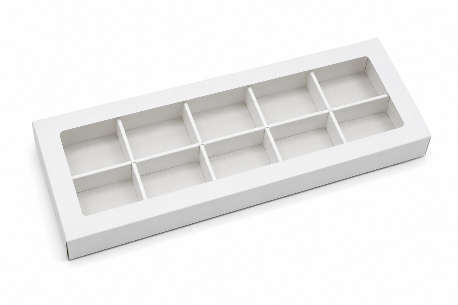 Bílá jednodílná dárková krabička s průhledným okénkem 28 x 12 x 2 cm – mřížka na 10 perníčků
