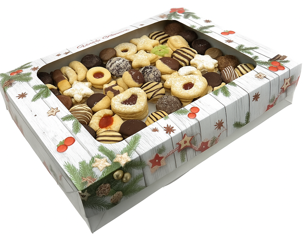 Vánoční krabička tradiční s průhledným okénkem na 1,5 kg 38x28x5 cm s běžným dnem