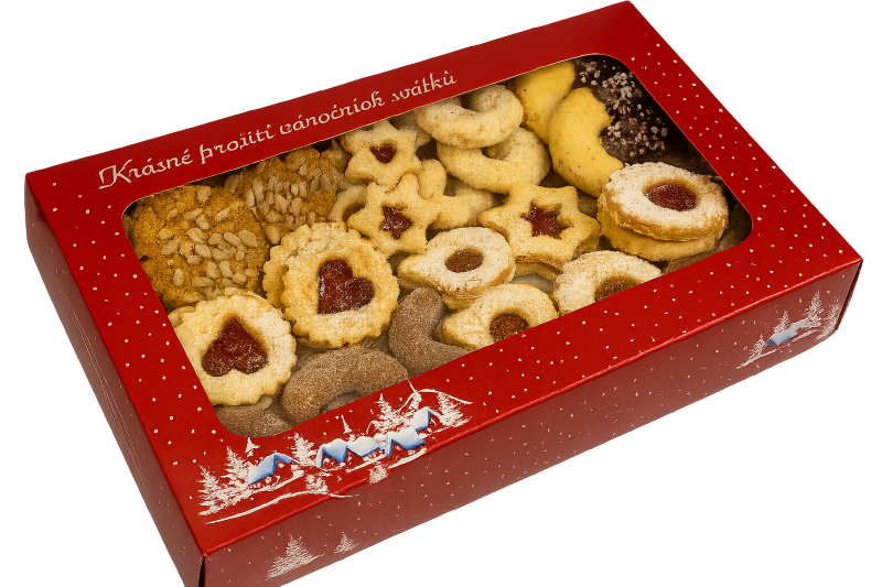 Vánoční krabička "Zimní chaloupka" s nepromastitelným dnem na 1/2 kg cukroví 25x15x3,7 cm