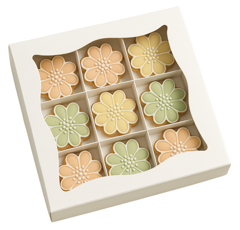 Bílá ušatá dárková krabička s mřížkou na perníčky 15x15x2 cm