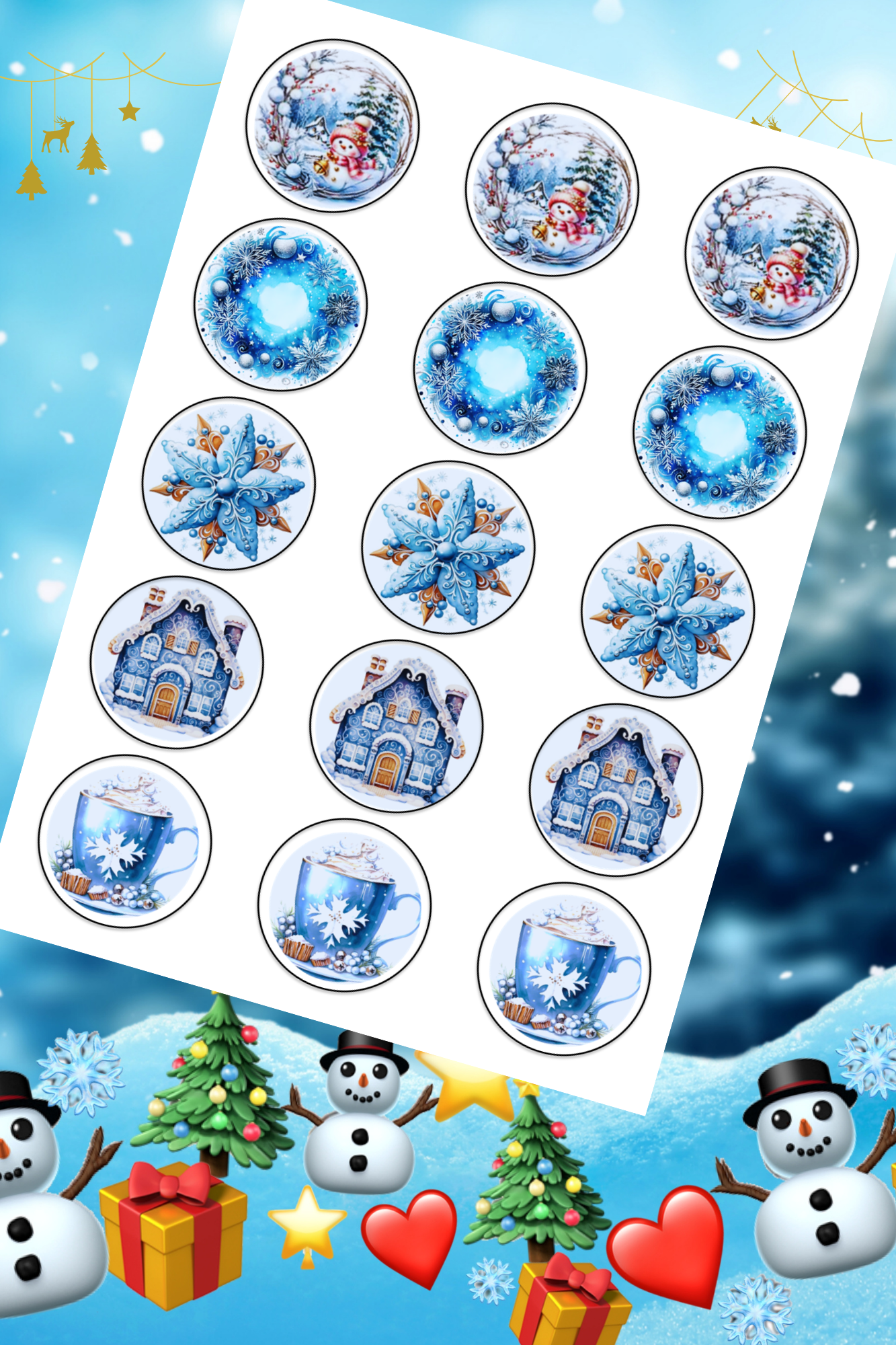 ❄️ Fondánový list s výřezem: Zimní mix – 15 koleček (⌀ 5 cm)