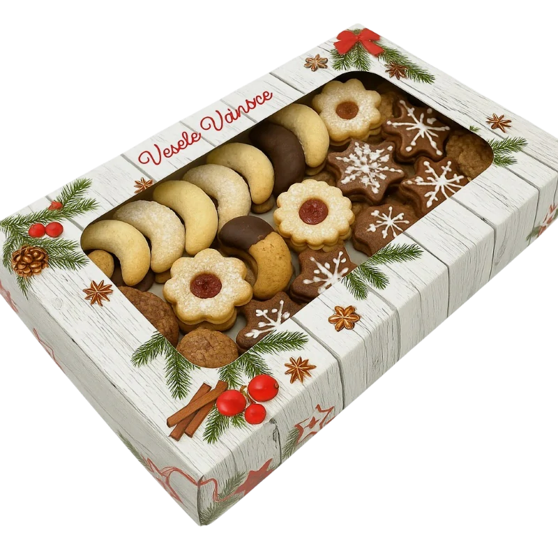Vánoční krabička tradiční s nepromastitelným dnem na 1/2 kg cukroví 25x15x3,5 cm