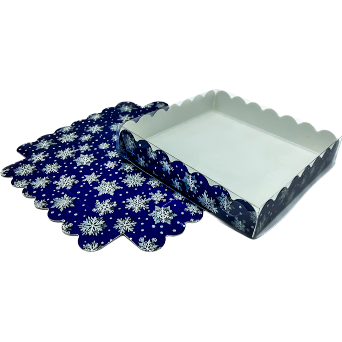 Vánoční krabička s průhledným víkem modrá s bílou vločkou 13x13x2,5 cm