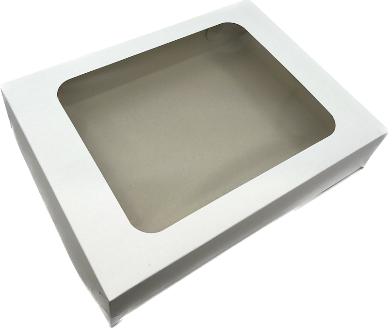 Vánoční krabice bílá s průhledným víkem na 3 kg cukroví 38x28x15 cm