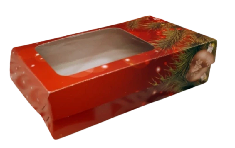 Vánoční krabička červená s průhledným okénkem na 3/4 kg cukroví 25x15x5 cm typ III