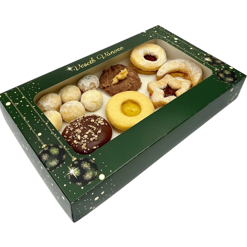 Vánoční krabička tmavě zelená s průhledným okénkem na 3/4 kg cukroví 25x15x5 cm