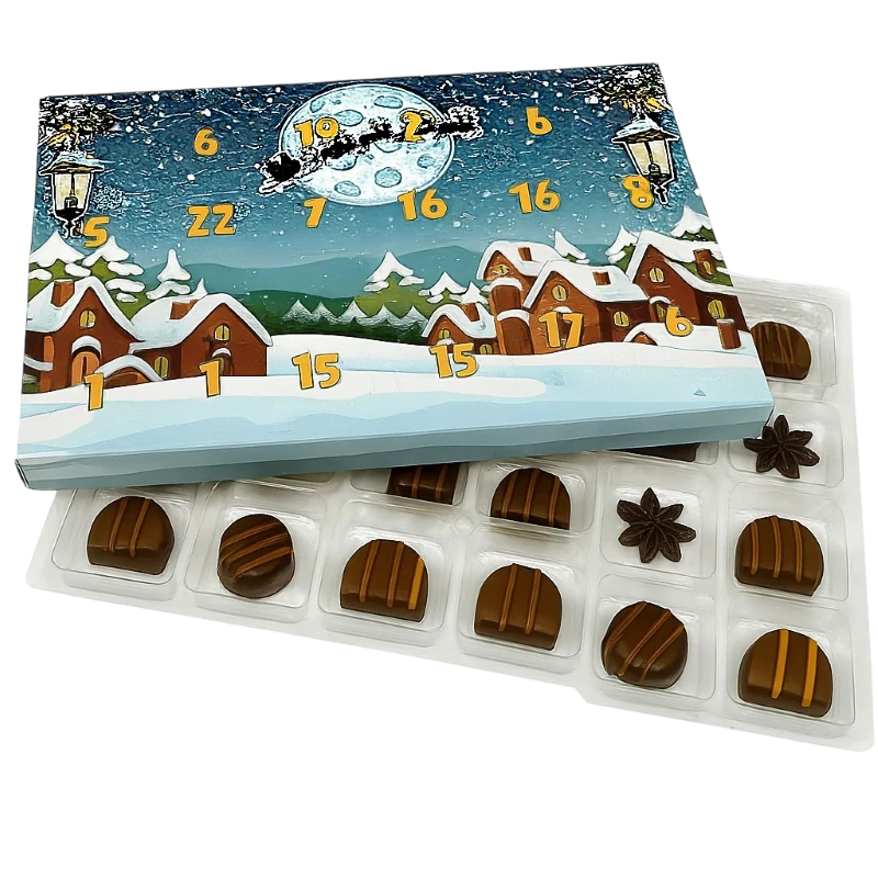 Adventní kalendář "Vesnička" bez nápisu s plastovým blistrem, políčko 3,5x3,5 cm