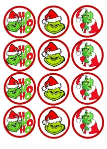 Fondánový list s výřezem: Grinch HO HO HO – 12 koleček (⌀ 6 cm)