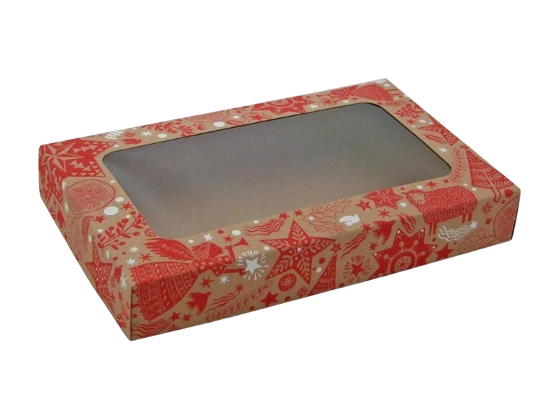 Vánoční krabička kraftová s hnědou ražbou s průhledným okénkem na 1/2 kg cukroví 25x1515x3,7 cm