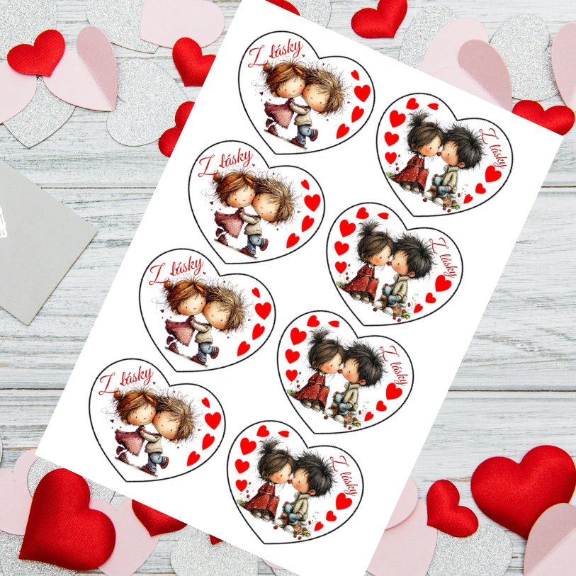 Jedlý tisk na perníčky Valentýn – srdíčka se zamilovanou dvojicí s výřezem , kulaté srdce 8x7 cm