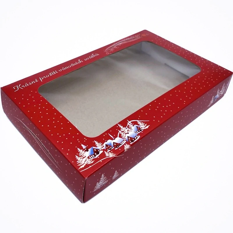 Vánoční krabička červená  "Zimní chaloupka" s průhledným okénkem na 1/2 kg cukroví  25x15x3,7 cm