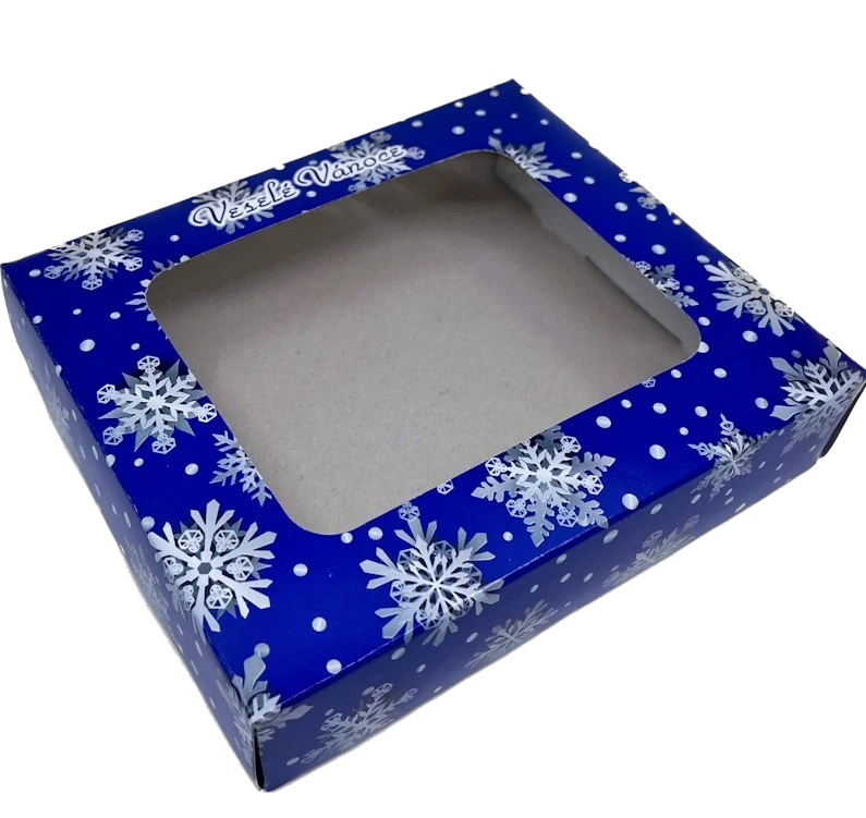 Vánoční krabička modrá vločková s průhledným okénkem na 1/4 kg cukroví    18x15x3,7 cm