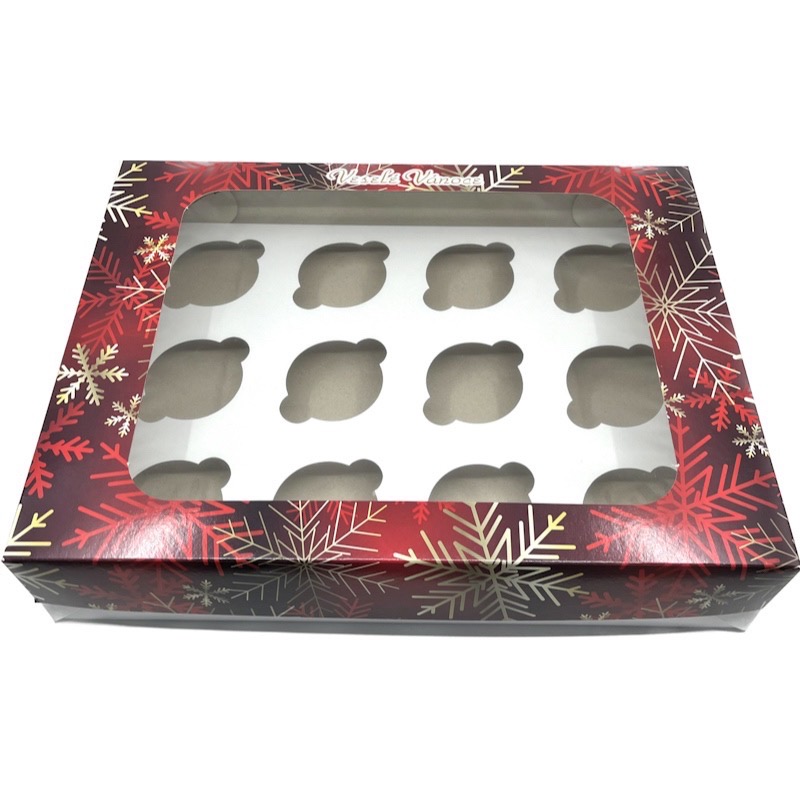 Vánoční krabička červená se zlatými vločkami s průhledným okénkem na 2 kg cukroví 38x28x8 cm