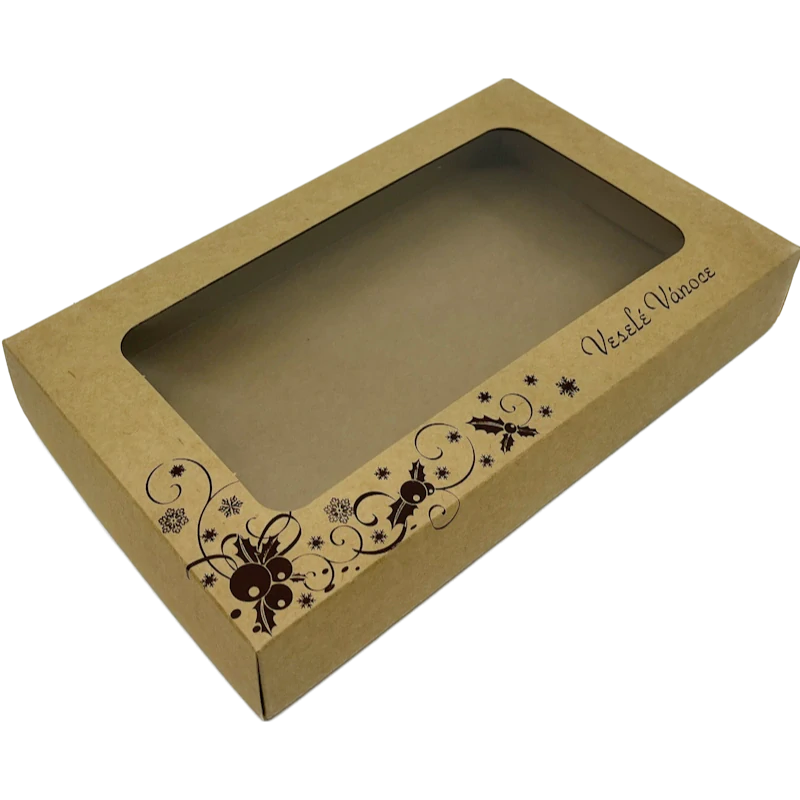 Vánoční krabička kraftová s hnědou ražbou  a nepromastitelným dnem na 1/2 kg cukroví 25x1515x3,7 cm