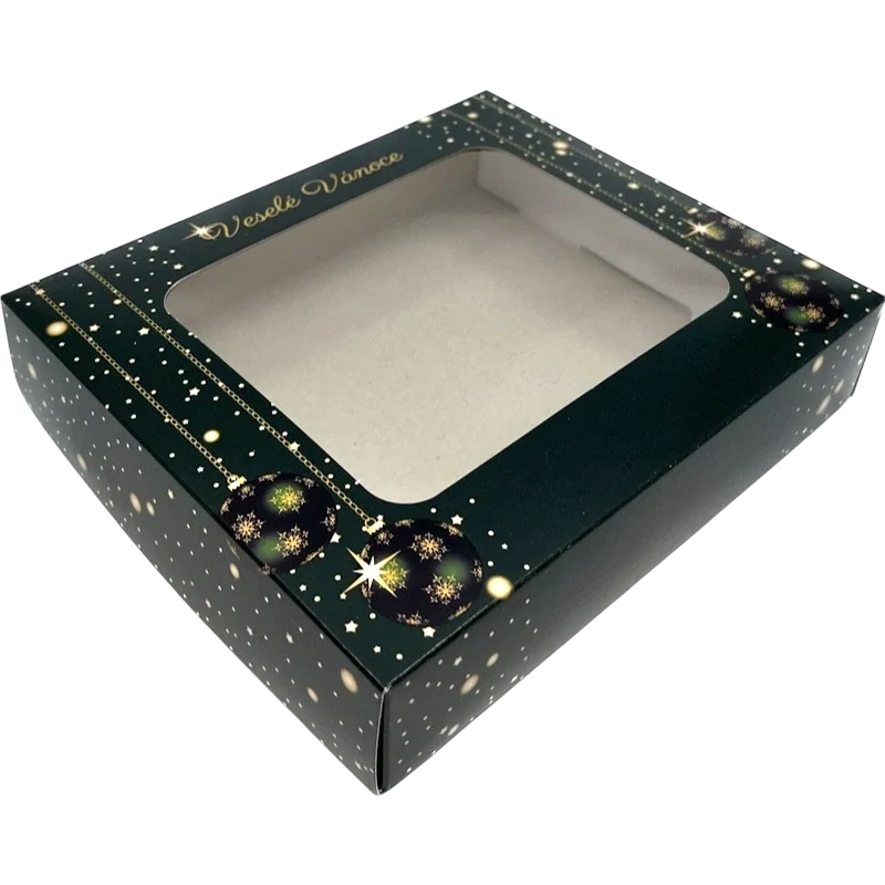Vánoční krabička tmavě zelená s průhledným okénkem 1/4 kg cukroví    18x15x3,7 cm