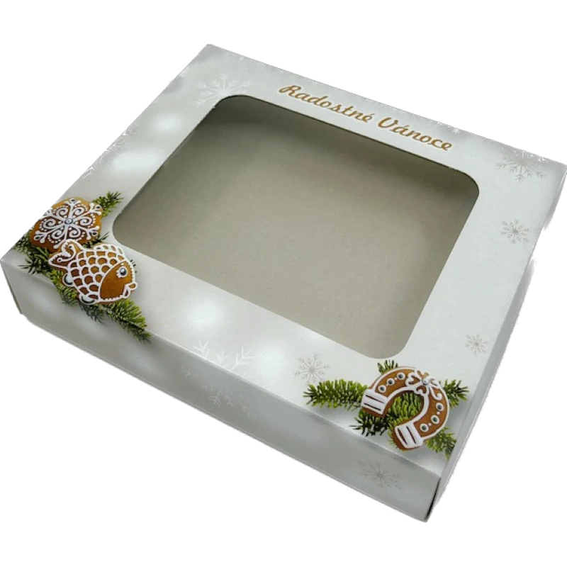 Vánoční krabička motiv "Perníček" s průhledným okénkem 1/4 kg cukroví    18x15x3,7 cm