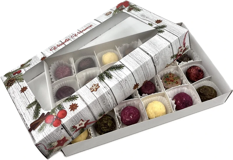 Vánoční krabička s mřížkou a průhledným okénkem  na 24 pralinek 25x1515x3,7 cm