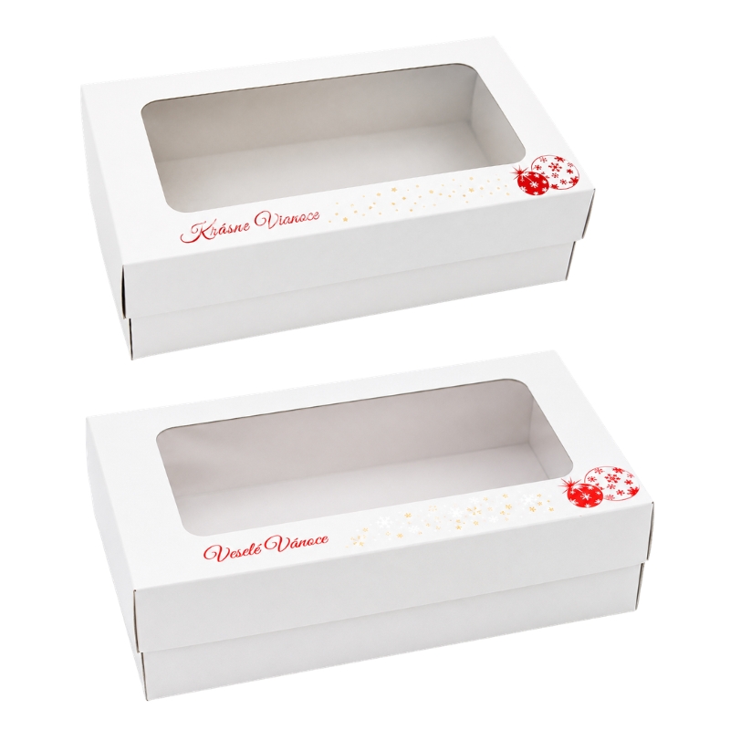 Krabička s červenou vánoční ražbou 25 x 15 x 7 cm na 1 kg cukroví – český / slovenský nápis, běžné dno / nepromastitelné dno