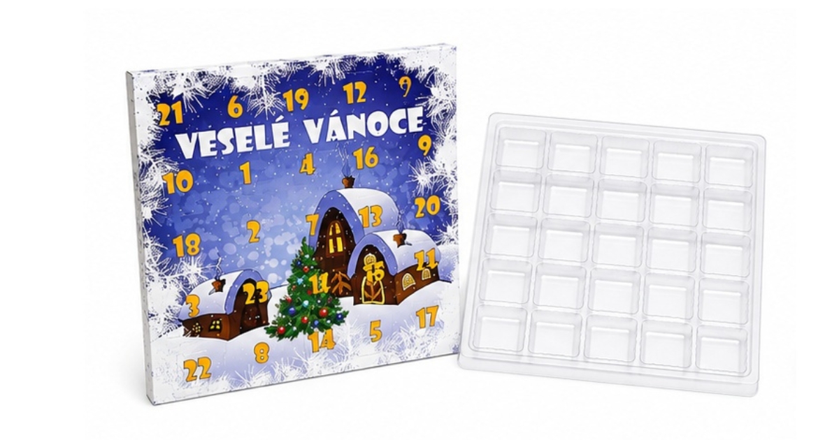 Adventní kalendář Chaloupka – Veselé Vianoce 28 x 28 x 2 cm – papírová mřížka – slovenský text