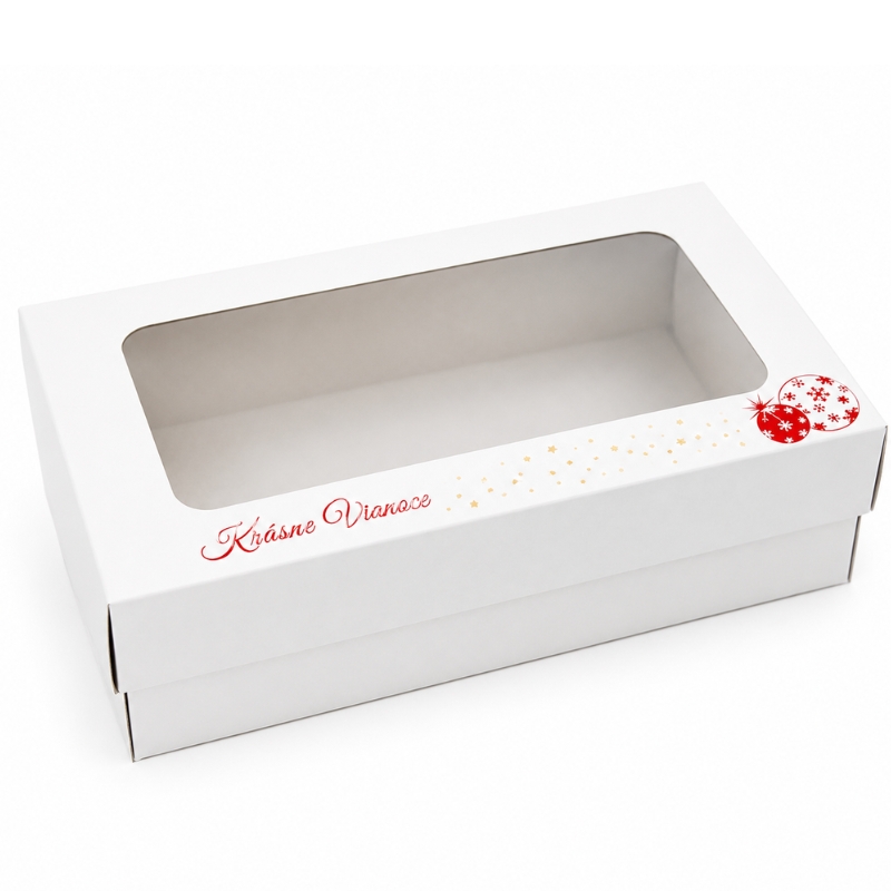 Krabička s červenou vánoční ražbou 25 x 15 x 7 cm na 1 kg cukroví – český nápis, běžné dno