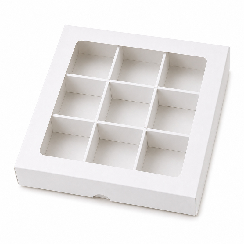 Bílá dárková krabička s průhledným víkem 15 x 15 x 2 cm – mřížka na 9 perníčků