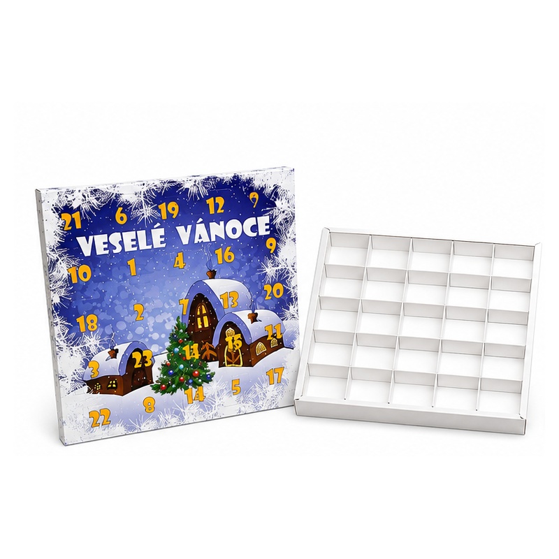 Adventní kalendář Chaloupka – Veselé Vianoce 28 x 28 x 2 cm – papírová mřížka – slovenský text