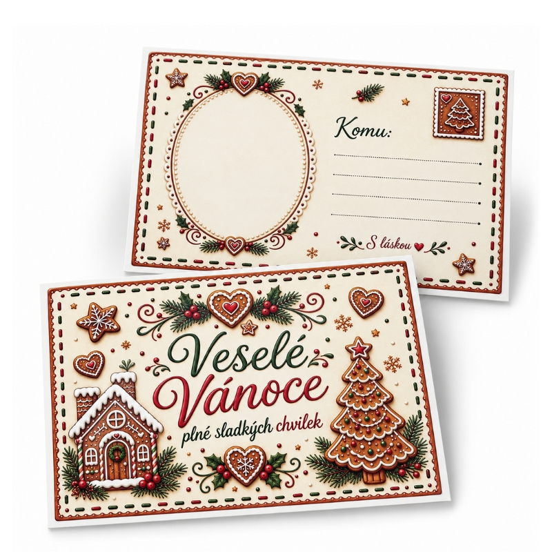 Oboustranná nepromastitelná kartička – pohlednice Perníčkové Vánoce 14,8 × 10,5 cm – 10 ks